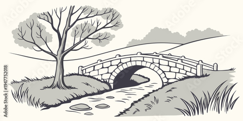 A stone bridge over a stream with a tree Vector