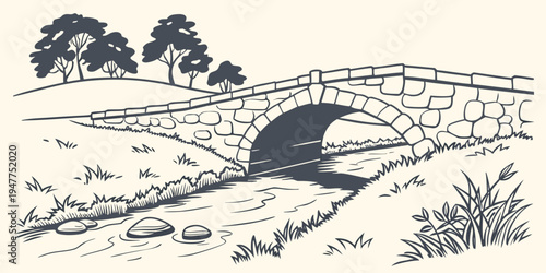 A stone bridge over a small stream in a rural landscape Vector