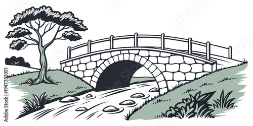 A stone bridge with a tree on the side Vector