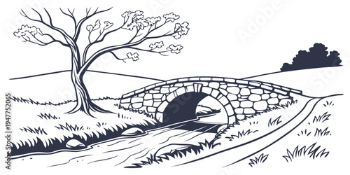 A stone hut sitting next to a leafless tree in a snowy landscape Vector