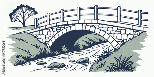 A stone bridge with a wooden railing over a stream Vector