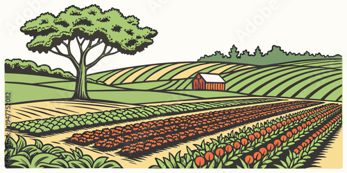 A farm with a tree and a red barn Vector