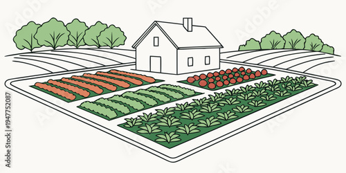 A house with a garden and a field of vegetables Vector
