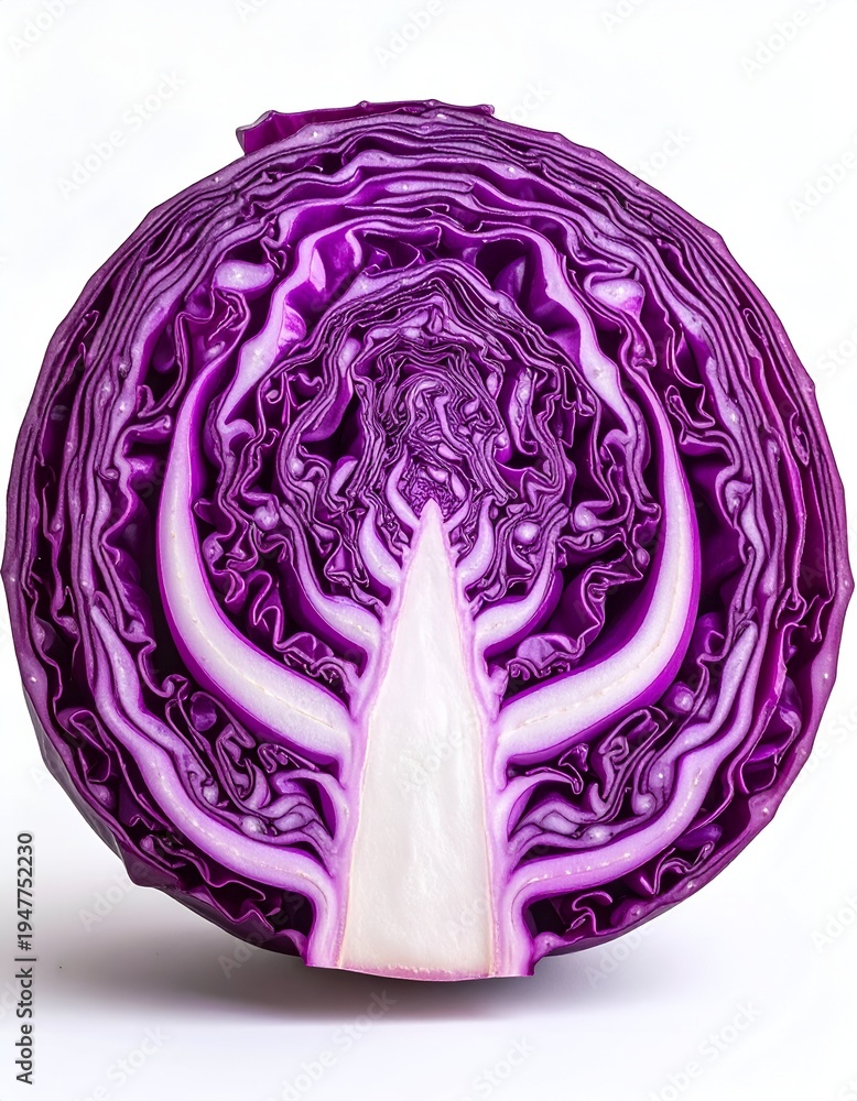 Obraz premium Cross-Section of Vibrant Red Cabbage Revealing Intricate Internal Structure.