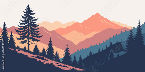 Sunset over mountains with pine trees on a hill Vector
