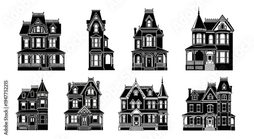 Victorian Houses Silhouettes Collection: Vintage Architecture, Gothic Style, Old Buildings