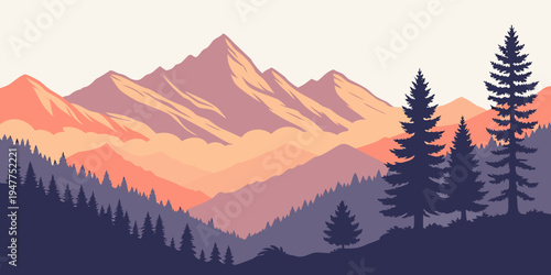 A mountain range with trees on a hillside during sunset Vector