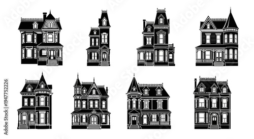Victorian Houses Silhouette Collection: Vintage Architecture, Historic Buildings, Old Town Facades