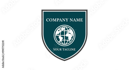 Teal shield logo with globe emblem.