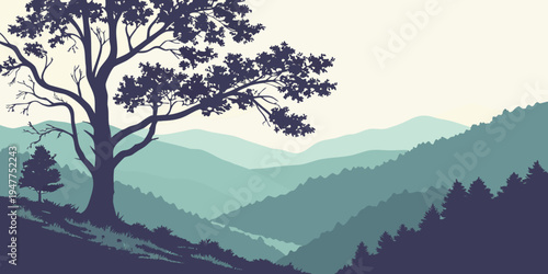 A tree on a hill overlooking mountains Vector