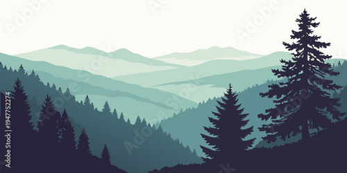 A mountain range with trees in the foreground Vector