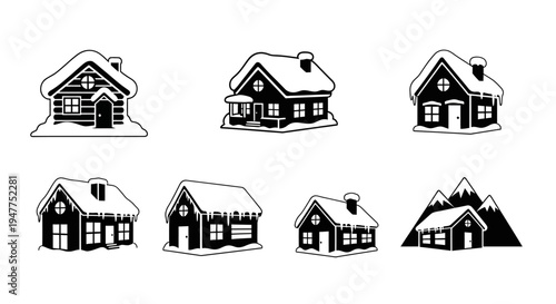 Winter Village Icon Set: Snowy Houses and Mountains, Black and White Vector Graphics