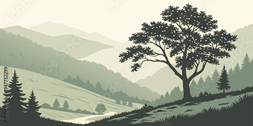 A tree on a hillside in a valley with mountains Vector
