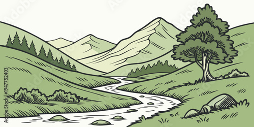 A serene landscape with a stream running through green hills and a tree Vector