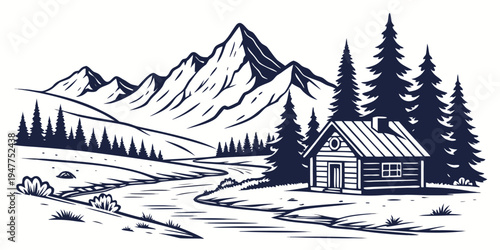 A small cabin in a snowy mountain landscape Vector