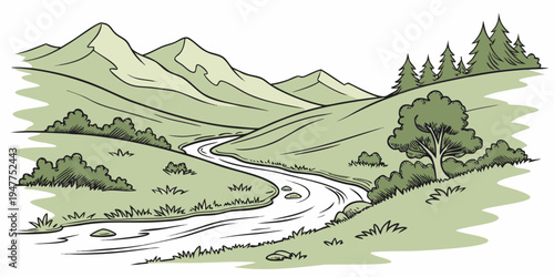 A serene mountain landscape with a river flowing through it Vector