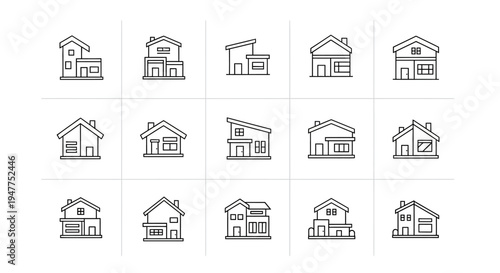 Set of modern house icons, minimalist architectural line art for real estate and construction