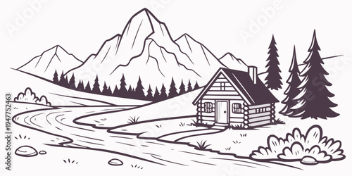 A small house in a snowy mountain landscape Vector