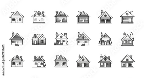 Set of Outline Cabin Icons: Cozy Homes, Rustic Architecture, Vector Illustrations