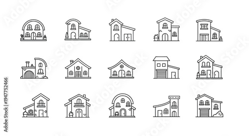 Set of Outline Icons: Diverse House Styles, Architectural Designs, Residential Buildings