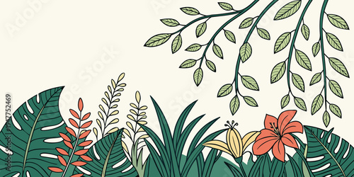 A lush border of tropical plants and flowers Vector