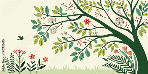 A tree with flowers and leaves in bloom Vector
