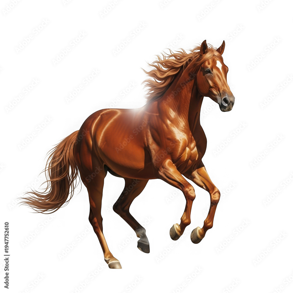 Obraz premium A dynamic brown horse galloping with flowing mane and tail in mid-motion