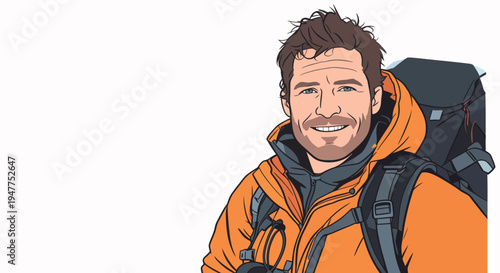 A man smiles wearing an orange jacket and carrying a backpack while preparing for a mountain climb in the outdoors.