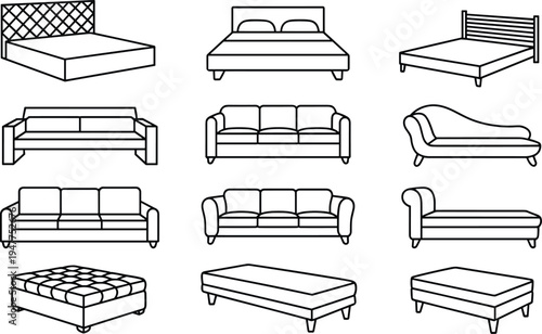 Furniture outline vector set featuring sofas beds chaise lounge and ottoman icons for living room and bedroom interior design furniture collection illustration pack