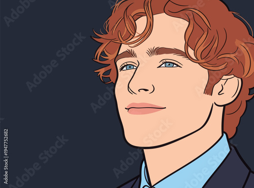 A young man with light hair and blue eyes is looking up while smiling softly in a dark environment. He wears a suit and has a calm expression.