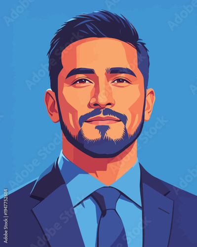 A man stands confidently in a blue suit against a solid blue backdrop. His expression shows self-assurance and focus.