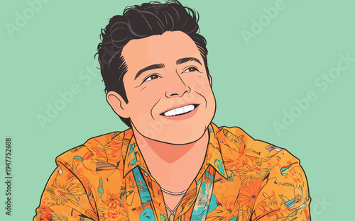 A man with dark hair smiles while wearing a colorful floral shirt. He appears happy and relaxed in a simple setting.