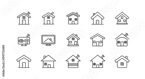 Smart Home Icons: Modern Houses with Wi-Fi and Technology Symbols