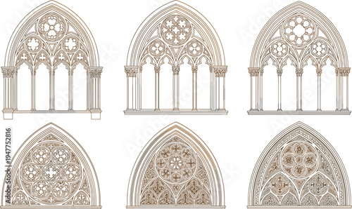 Gothic window tracery collection, cathedral architecture outline, ornate stone motif design, medieval figure illustration, rose window icon, historic art