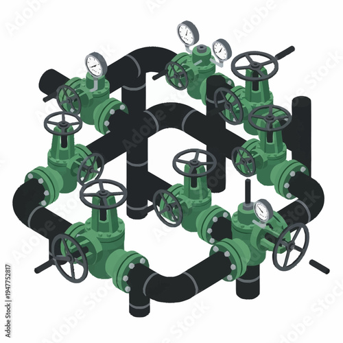 An intricate network of industrial valves and pipes, featuring pressure gauges and handwheels, arranged in a complex, interconnected system.