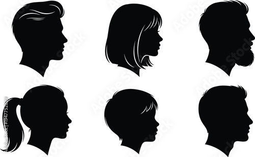 Human profile silhouettes, diverse head shapes hairstyles, male female child artwork, black white design illustration, stylized portrait figure collection