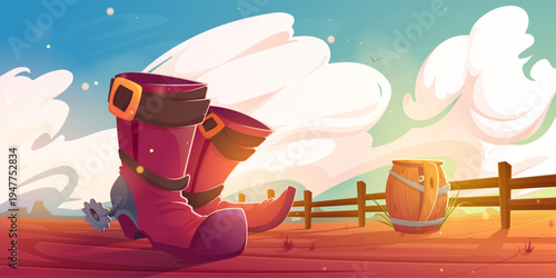 Cowboy boots with spur on american ranch