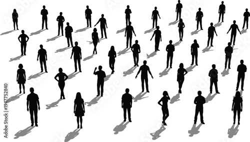 Human silhouette collection, shadow posture outline, crowd figure design, demographic motif illustration, individuality icon art, social spacing graphic
