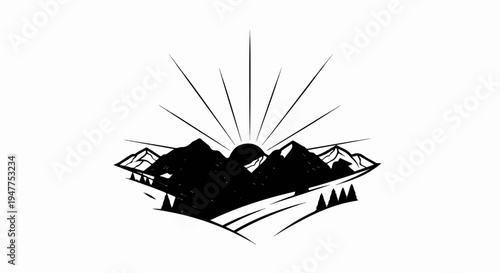 Stylized black and white sunburst over jagged mountains and trees