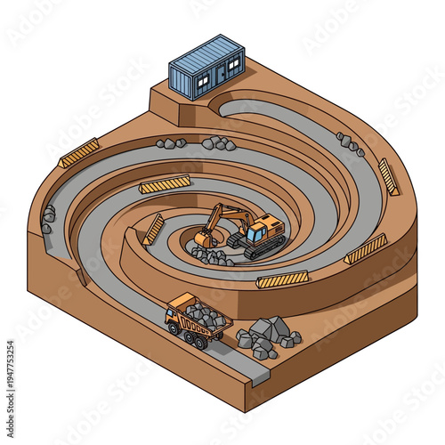 Isometric illustration of a spiral mine with excavators, dump trucks, and mining equipment, depicting resource extraction and industrial operations.