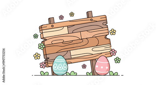 Blank Wooden Sign with Easter Eggs and Spring Flowers Illustration