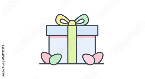 Easter Gift Box with Ribbon and Colorful Eggs Line Art Illustration