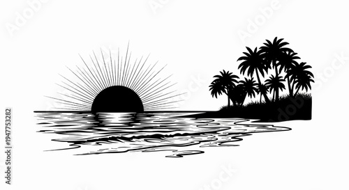 Stylized black and white tropical sunset with sun rays over water and palm trees