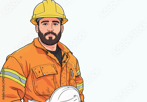 Worker stands in bright orange uniform with helmet and safety gear at a construction site during the day, ready to begin work.