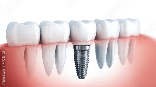 Dental implant screw positioned in the jawbone next to healthy teeth and roots