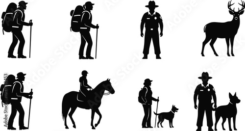 Outdoor park silhouettes, hiker ranger deer horse dog icons, wildlife recreation artwork, black white illustration set, nature activity figure collection