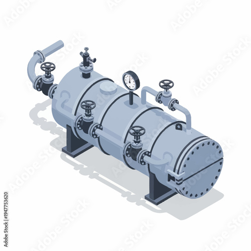 Isometric illustration of a horizontal industrial pressure vessel with valves and gauges.