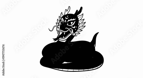 Stylized black dragon coiled with ornate head and scales