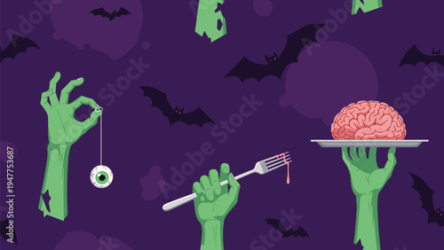 Spooky zombie theme illustration featuring green hands holding an eyeball on a string a fork and a human brain on a silver serving plate.