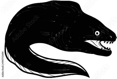 Stylized black eel with sharp teeth and white eye, facing right